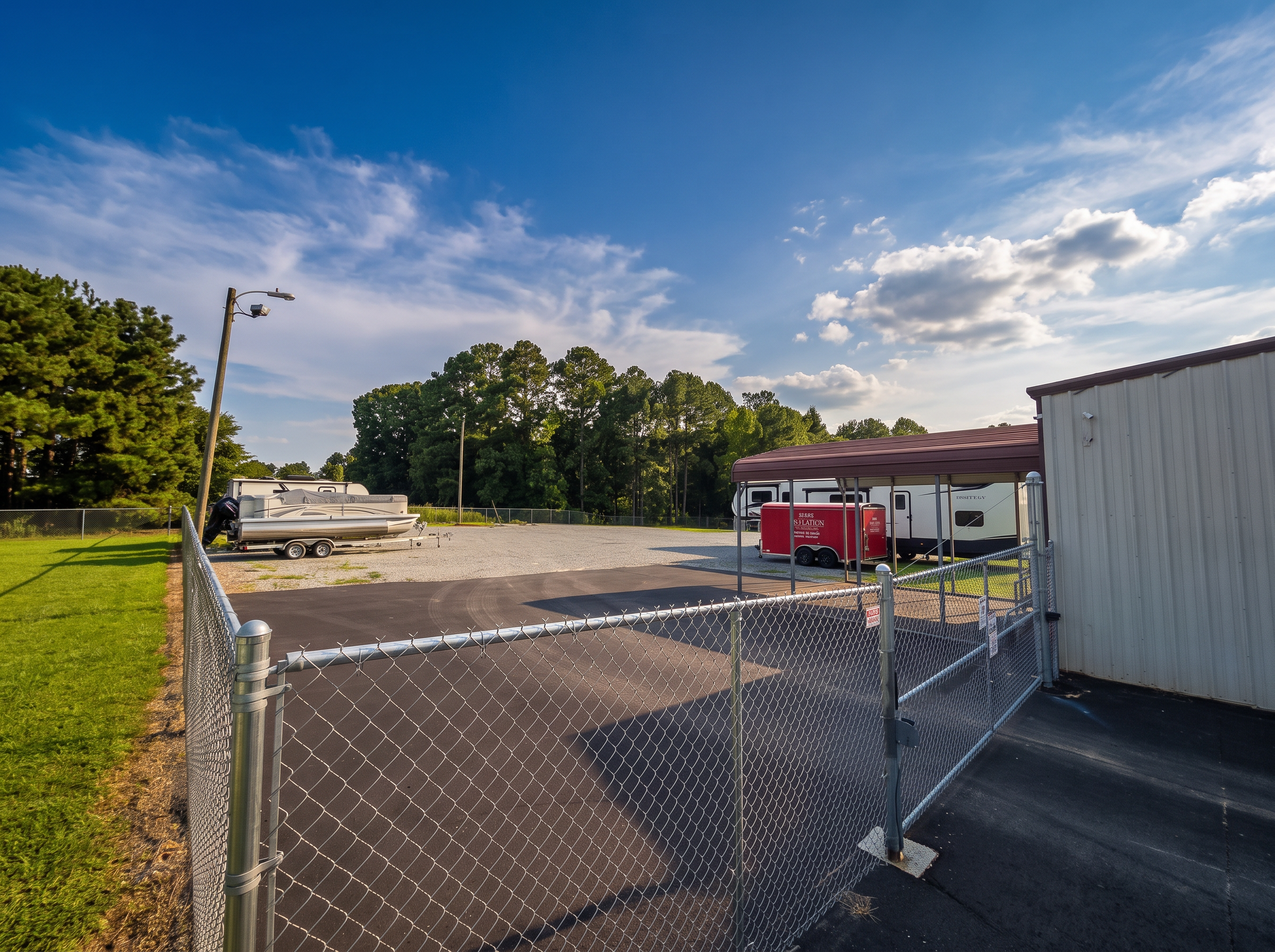Open gravel and paved storage yard with boats and RVs at Four Oaks Boat & RV Storage